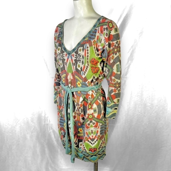 CUSTO BARCELONA MULTICOLOUR AZTEC  BODYCON DROP SHOULDER BELT DRESS LARGE - Picture 12 of 14